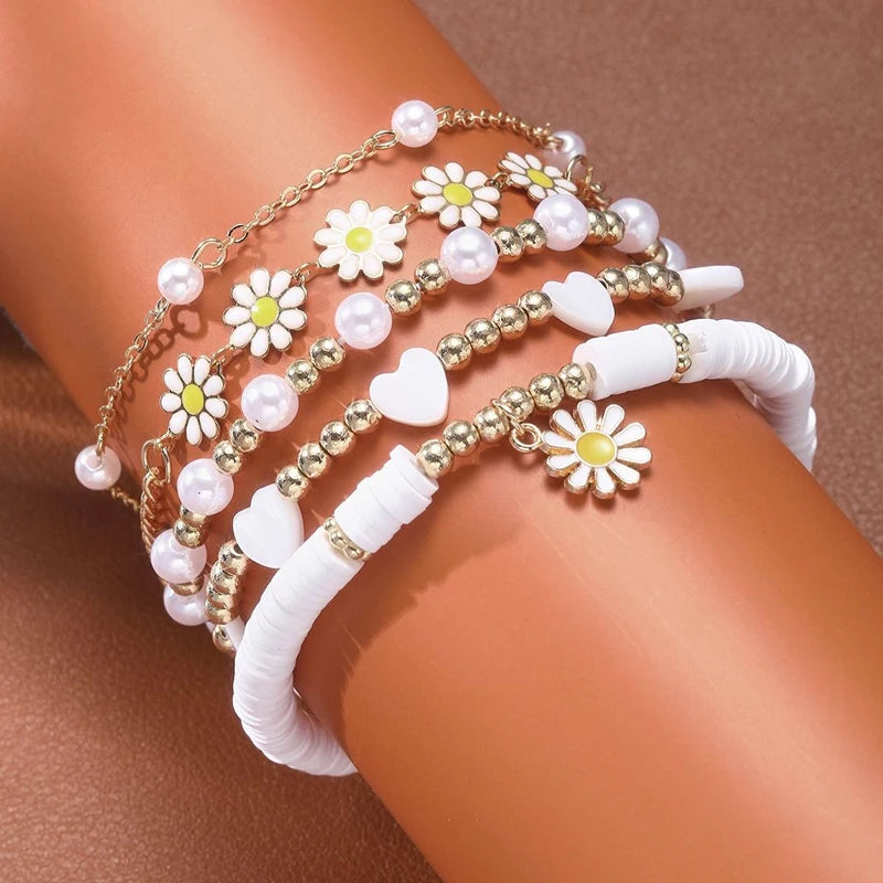 8Pcs Vintage Daisy Flower Pendant Bracelet Set for Women Bohemian Beaded Enamel Star Heart Pearl Bangles Trendy Jewelry Gifts-Gennys fashion