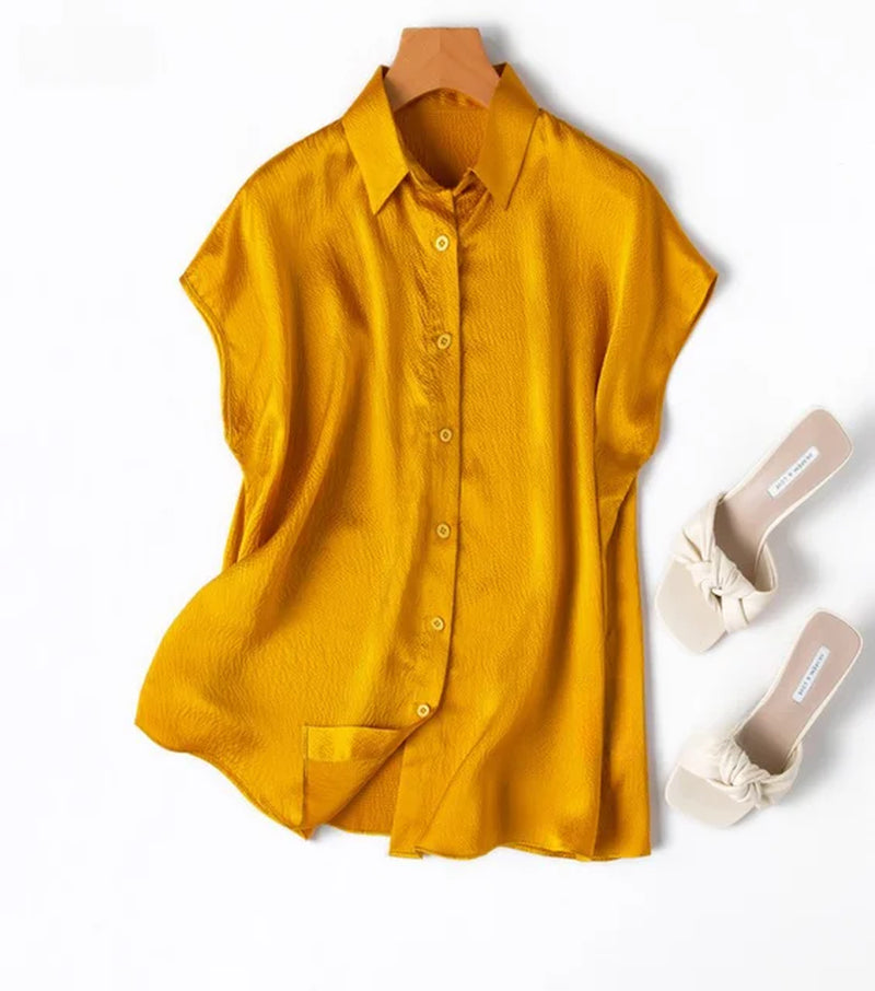 Women 100% Mulberry Silk 20 Momme Heavy Silk Peacock Blue Collared Short Sleeve Buttons down Shirt Top Blouse Office Work MM567-Gennys fashion