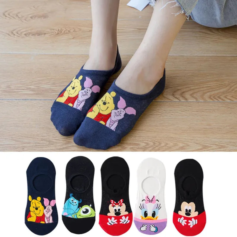 5 Pairs Cotton Woman Sock Mickey Minnie Winnie Daisy Cartoon Girl Slipper Sock Funny Cute Non-Slip Silicone Invisible Ankle Sock-Gennys fashion