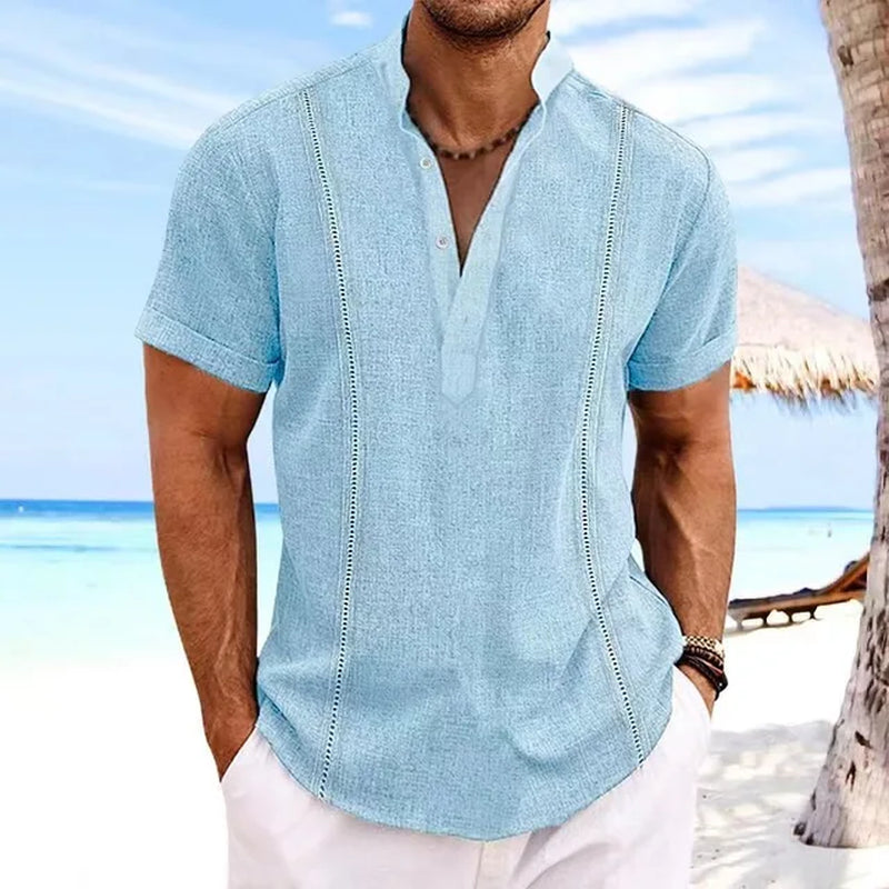 2024 Explosive European and American Men'S Short Sleeve Henry Collar Solid Color Cuban Guayabella Cotton Shirt Top-Gennys fashion