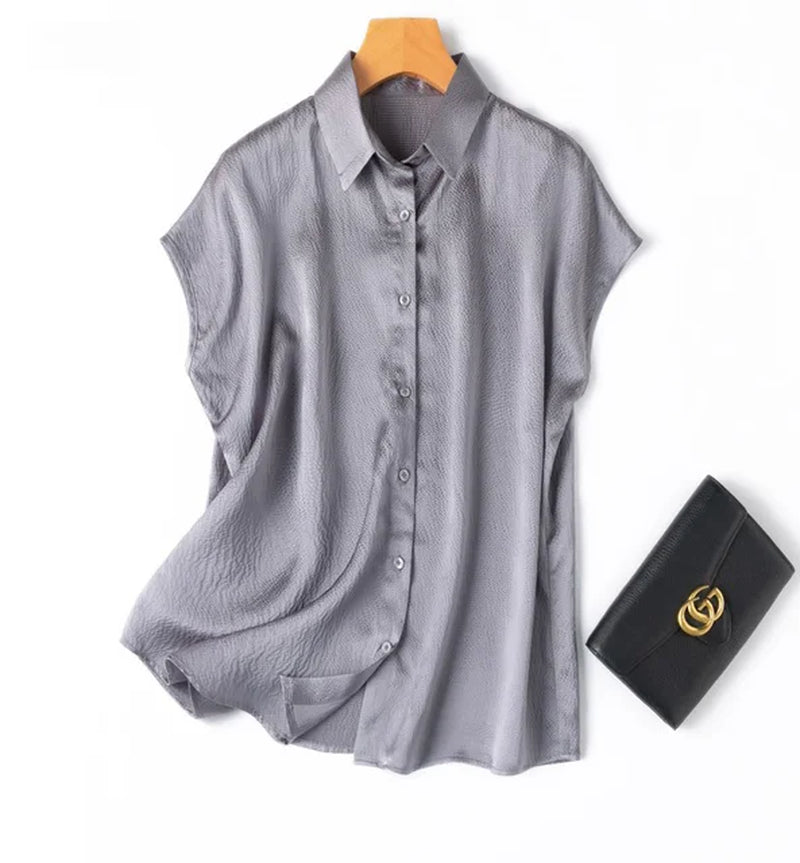 Women 100% Mulberry Silk 20 Momme Heavy Silk Peacock Blue Collared Short Sleeve Buttons down Shirt Top Blouse Office Work MM567-Gennys fashion