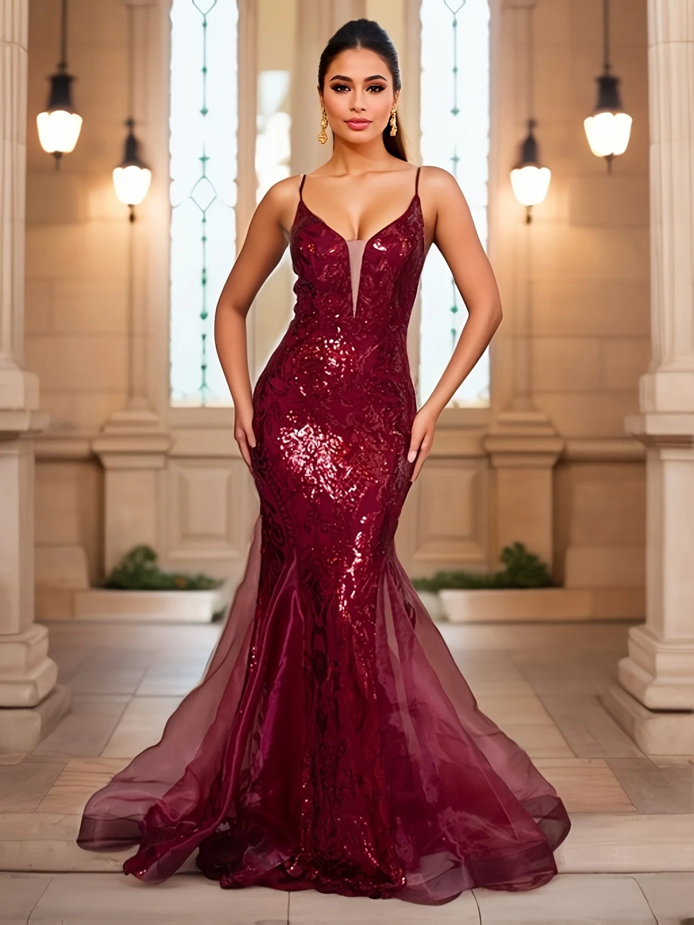 Deep V Neck Sleeveless Cocktail Dress Luxury Spaghetti Strap Sequin Evening Party Dresses Maxi Prom Gown-Gennys fashion