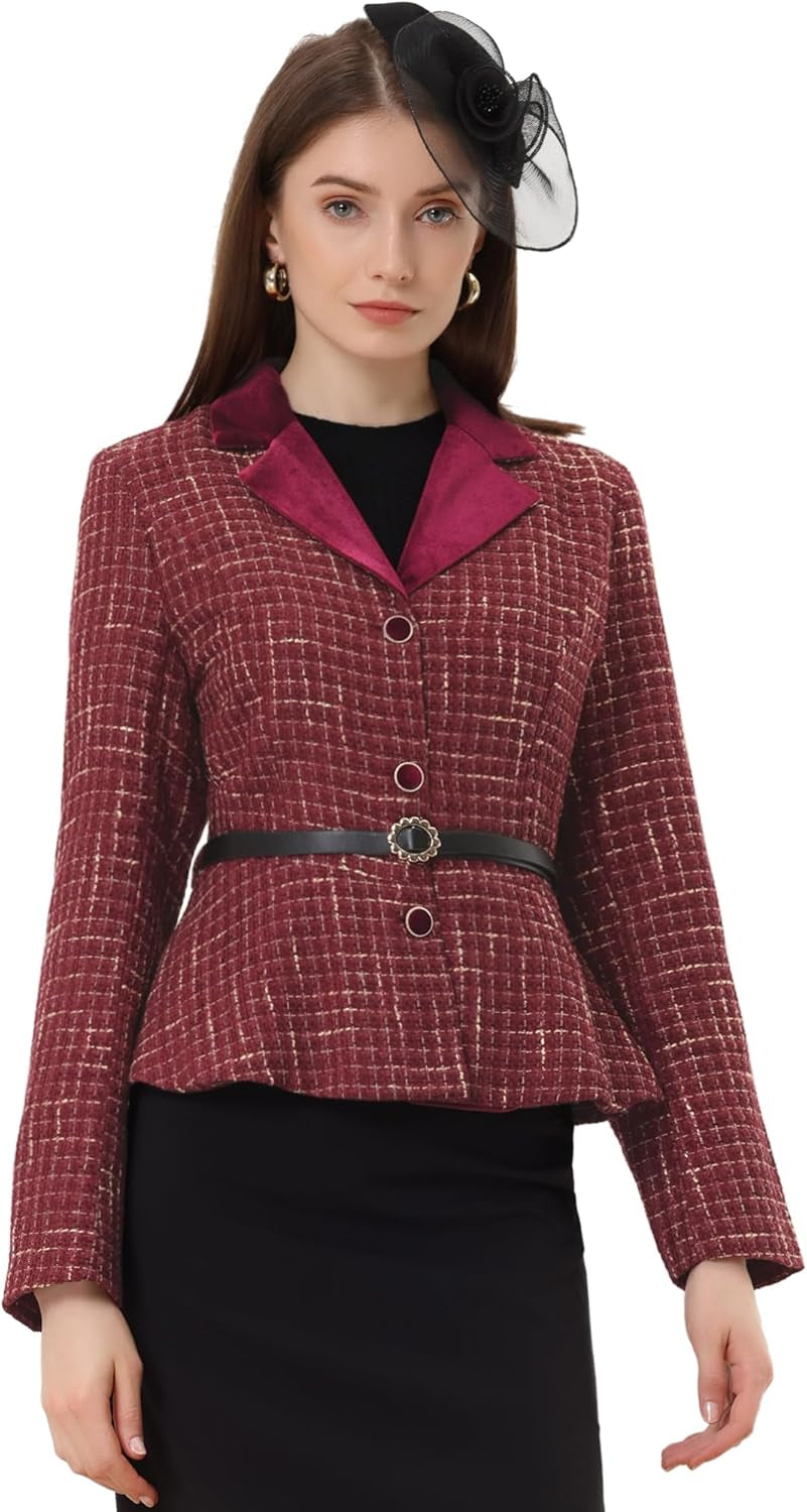 Vintage Tweed Blazer for Women'S Plaid Notched Collar Work Office Jacket Blazers with Belt-Gennys fashion