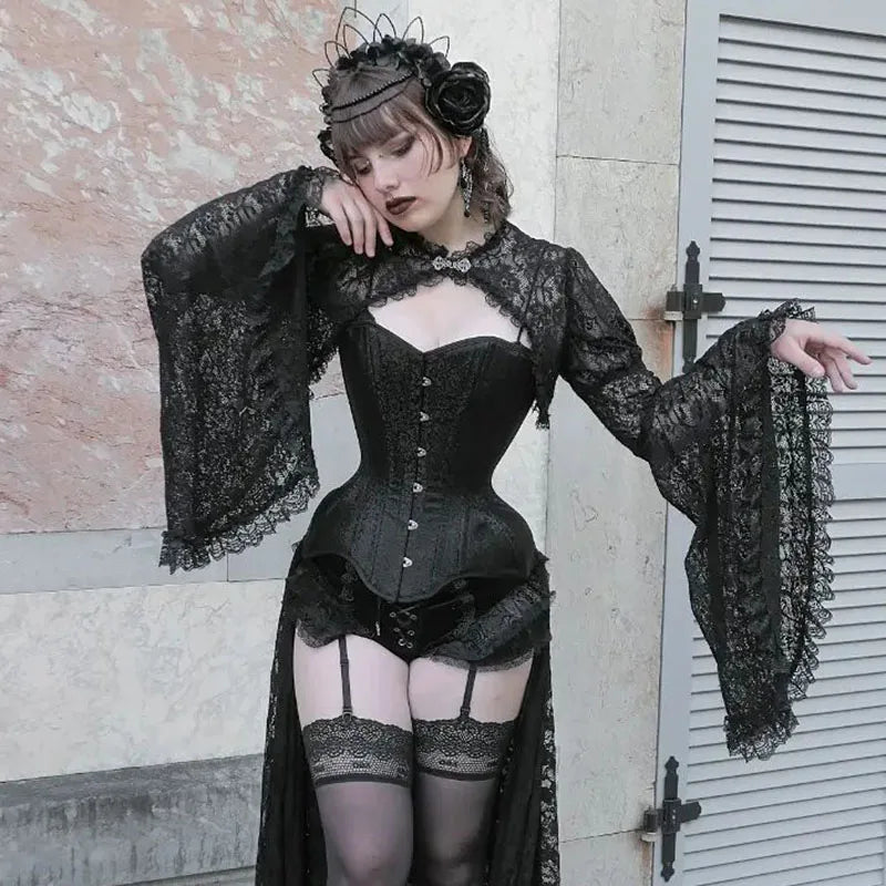Women'S Gothic Tops New 2023 Women'S Flared Sleeve Loose Sexy Lace Hollow Buttoned Silk Blouse Female-Gennys fashion