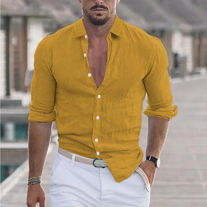 Men'S Summer Cotton and Linen Loose Lapel Beach Shirt Casual Lazy Long Sleeve Solid Color Hawaiian Campfire Holiday Wear-Gennys fashion