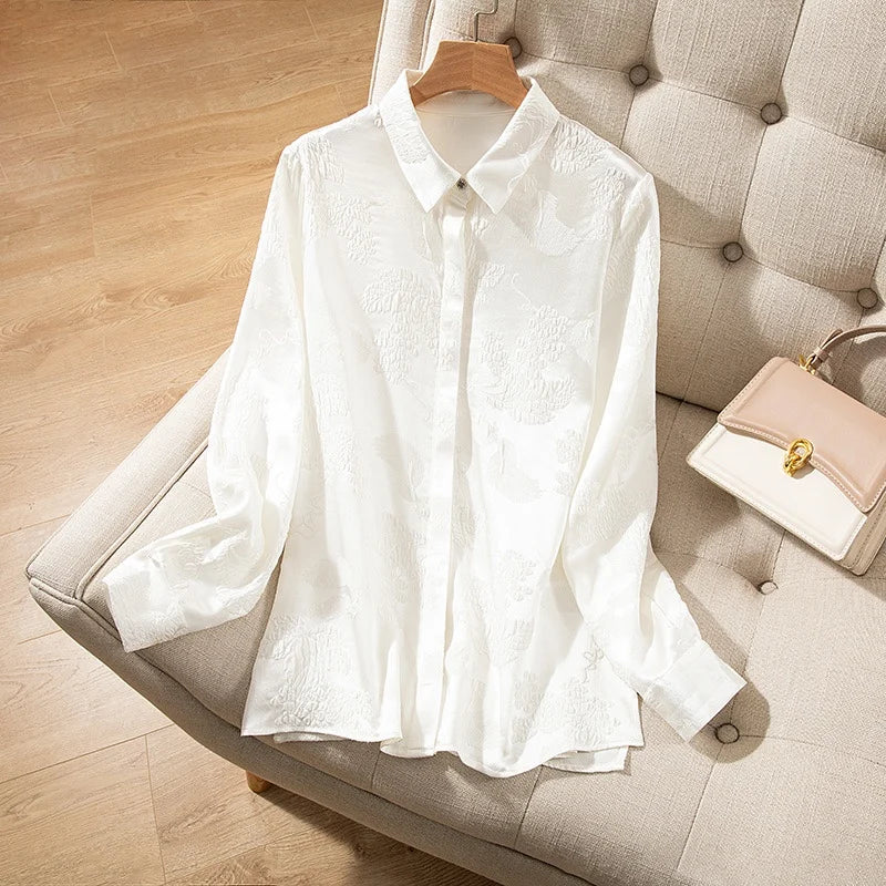 2024 Women'S Fashion Spring/Summer New 93%Natural Silk Square Neck Long Sleeved Crowne Crepe Embossed Jacquard Splendid Shirt-Gennys fashion