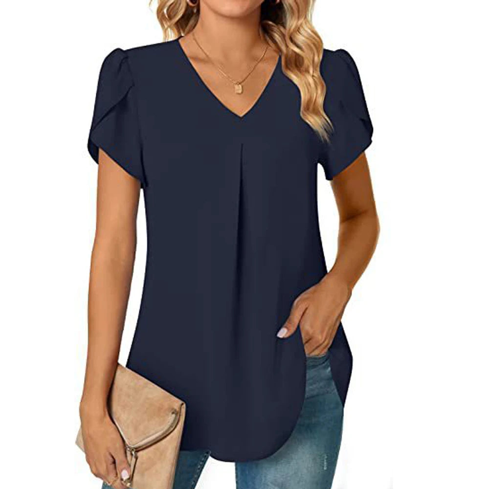 Sexy V Neck Ruffle Short Sleeve Blouse Shirts Summer Women V Neck Solid Color Loose OL Workout Blouse Tops SZE-ST23015-Gennys fashion
