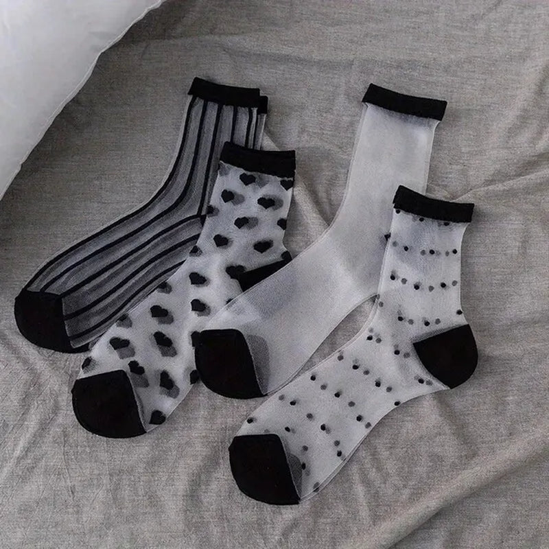 4Pairs Transparent Glass Silk Stockings Children Socks Retro Polka-Dot Love Vertical Bar Spring and Summer Thin Card Silk Japane-Gennys fashion