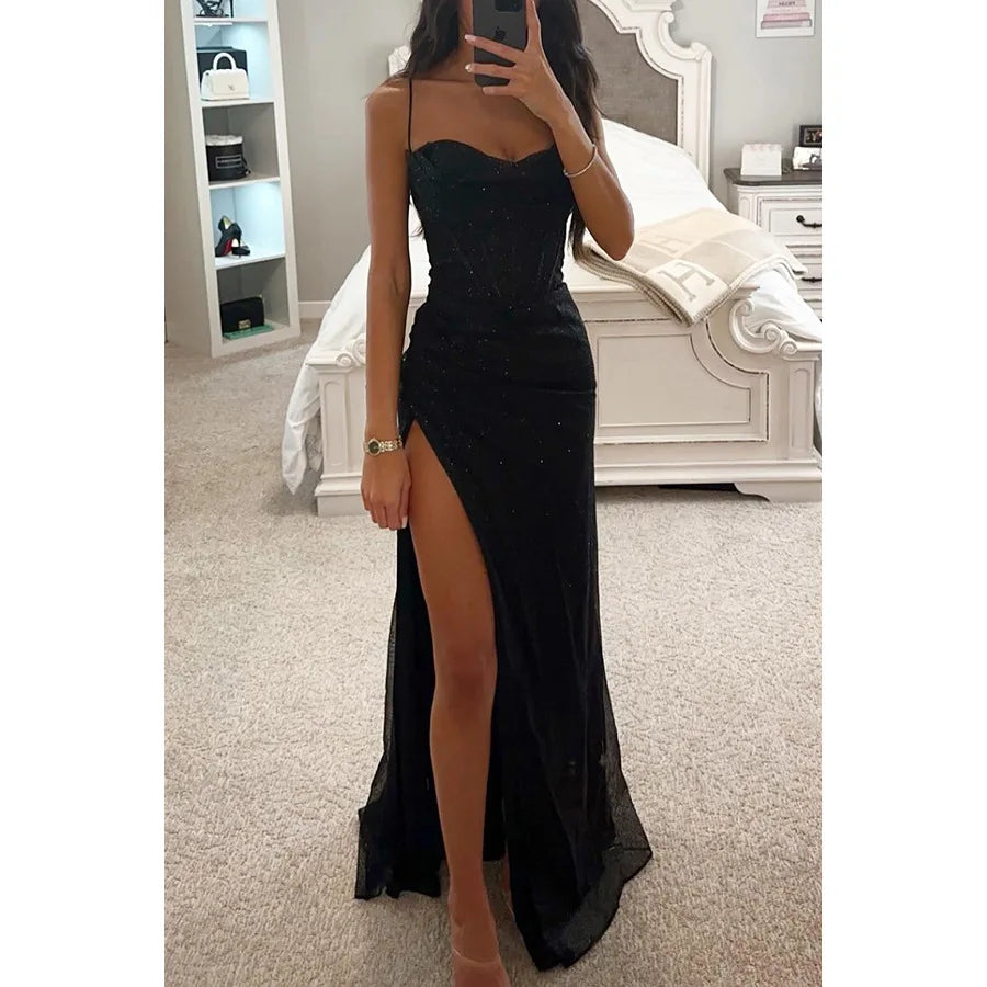 Women Evening Party Dress Floor Length Shiny Spaghetti Maxi Dress off Shoulder Sleeveless High Slit Draped Bodycon Prom Dress-Gennys fashion
