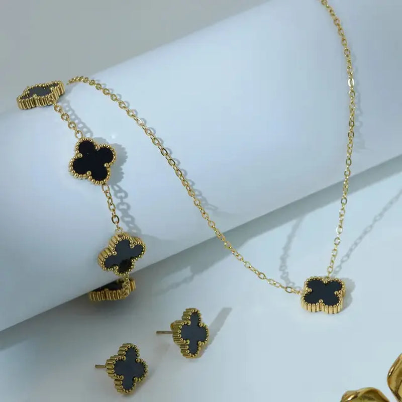 Double-Sided Mother-Of-Pearl Black Four-Leaf Clover Set Women'S 18K Gold Plated High Class Elegant Fashion Jewellery Set-Gennys fashion