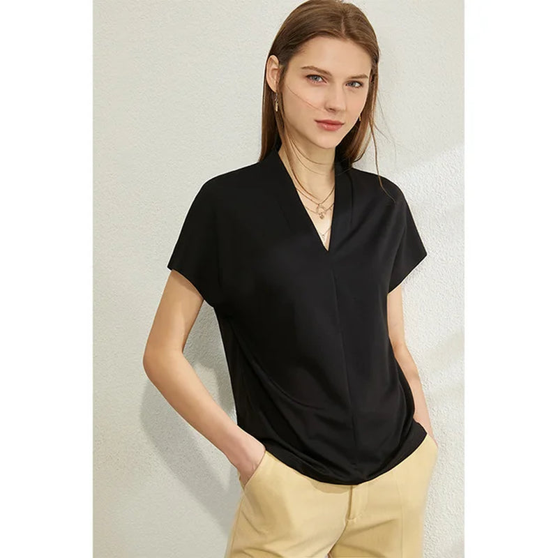 Minimalism 2023 Summer Women'S T-Shirt Classic Style Casual V-Neck Short Sleeve Solid Stretch Female Tops & Tees 12312013-Gennys fashion