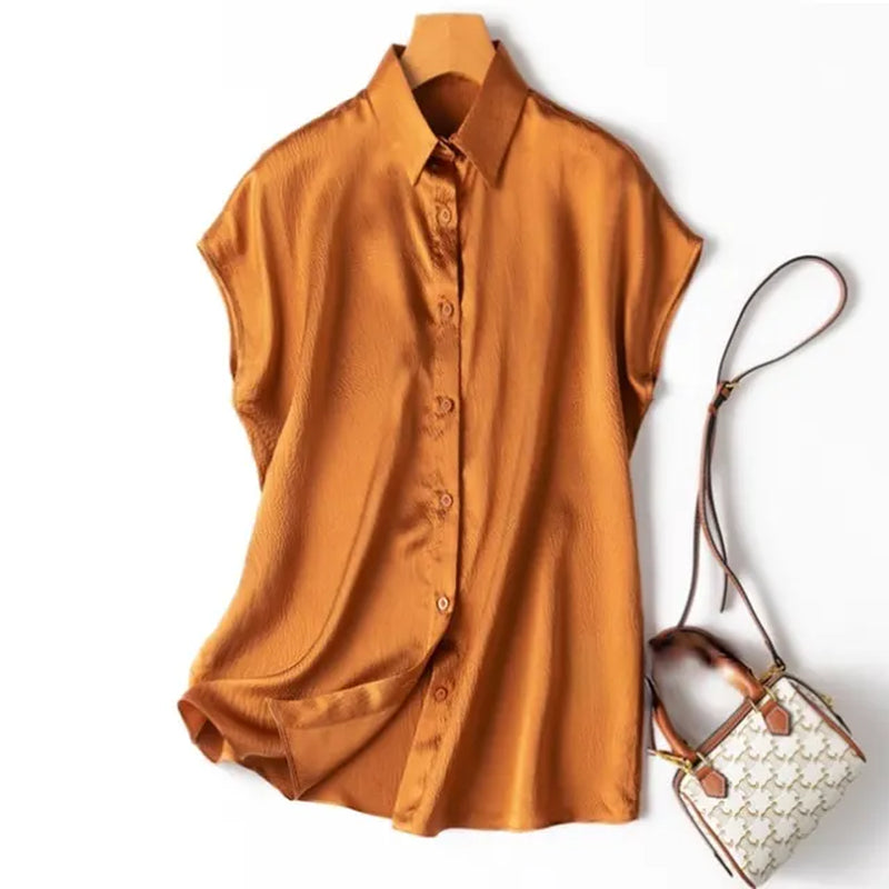 Women 100% Mulberry Silk 20 Momme Heavy Silk Peacock Blue Collared Short Sleeve Buttons down Shirt Top Blouse Office Work MM567-Gennys fashion
