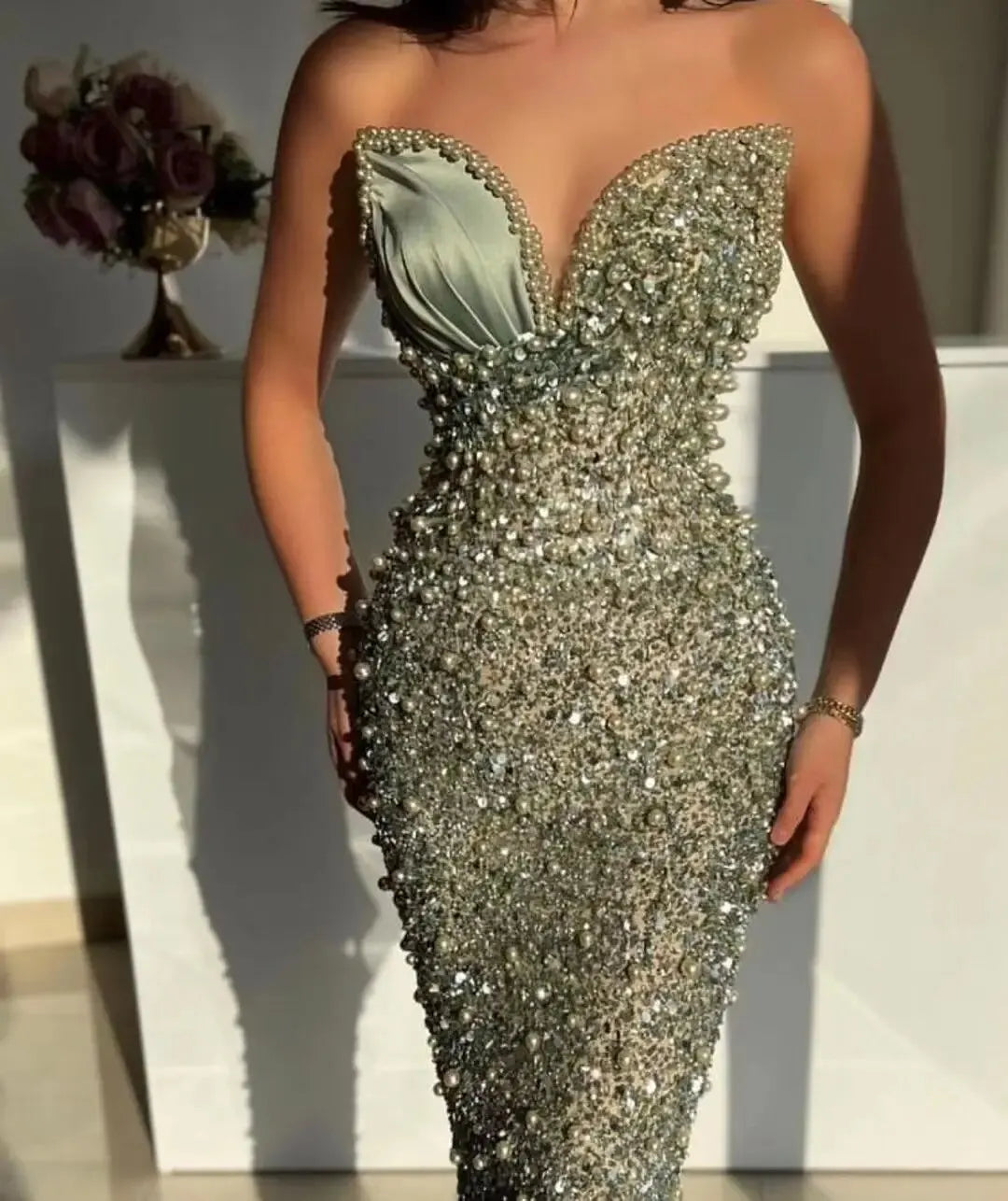 Sexy Sweetheart Prom Dresses with Pearls Sleeveless Mermaid Cocktail Dress Sequined Evening Party Gowns Vestidos De Cóctel-Gennys fashion
