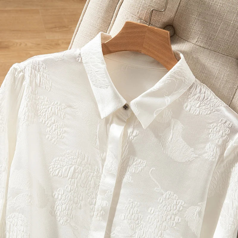 2024 Women'S Fashion Spring/Summer New 93%Natural Silk Square Neck Long Sleeved Crowne Crepe Embossed Jacquard Splendid Shirt-Gennys fashion