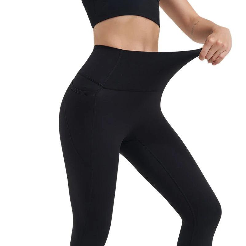 Nylon Leggings Yoga Women'S Pants Gym Sport Fitness Pants Tight Elastic Breathable High Waist Side Pockets Sportswear-Gennys fashion