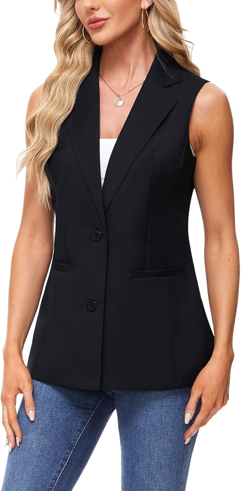 Sleeveless Blazer for Women Notch Lapel Waistcoat Vest Loose Jacket Casual Outerwear with Buttons Pockets-Gennys fashion