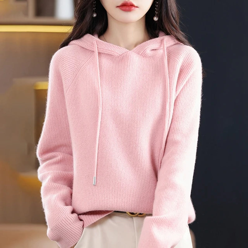 2023 New Cashmere Hooded Sweater Women Long Sleeve Autumn and Winter Knit Hooded Pullover Solid Color Cashmere Base-Gennys fashion