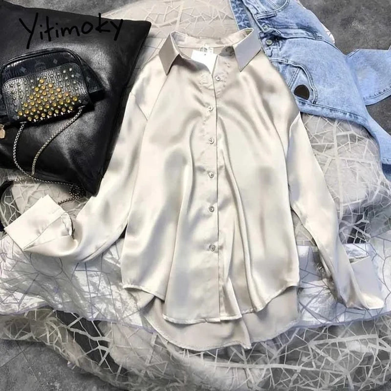 SATIN Long Sleeve Blouse Button up Shirt Women Female Elegant Ladies Tops High Quality Office Lady Silk-Gennys fashion