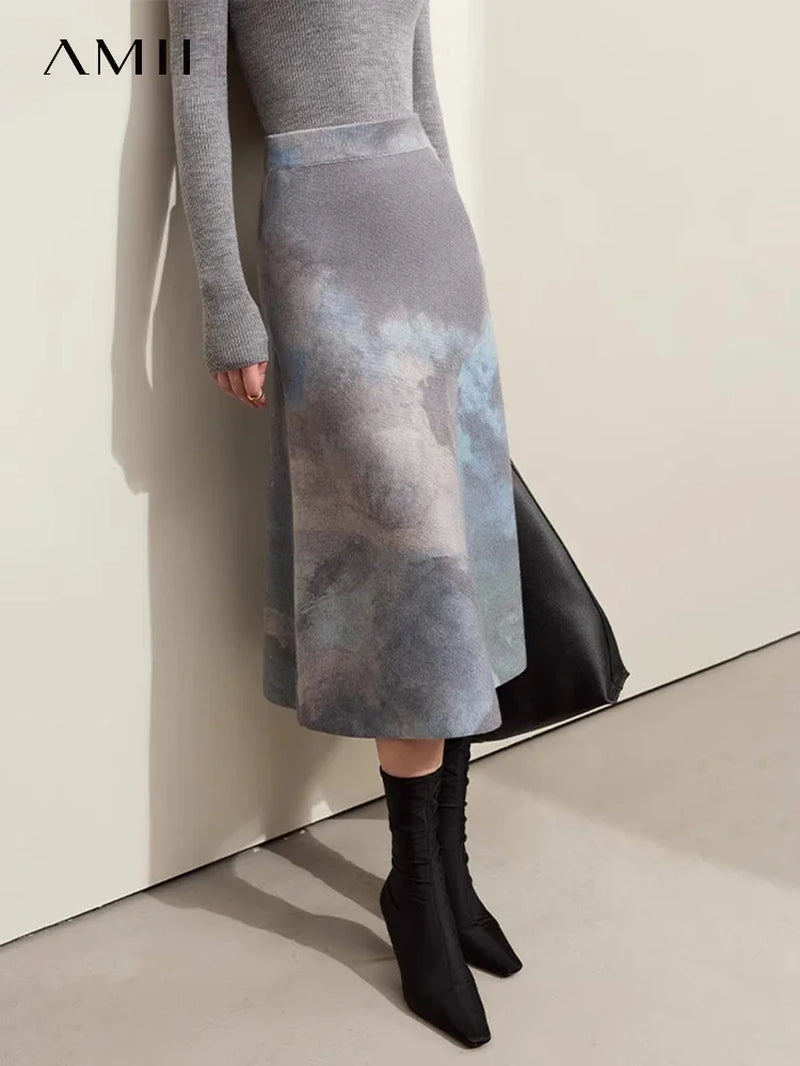 Minimalist 2023 Women'S Skirts Winter New Chinese Style Ink Printed Elastic Waist Wool Female A-Line Knitted Skirt 12354065-Gennys fashion