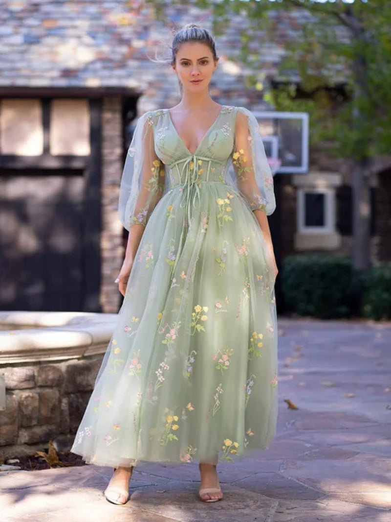 Sweetheart Embroidery Prom Dress Women a Line Tea-Length Green Tulle Puff Sleeves Floral Corset Midi Formal Evening Party Gowns-Gennys fashion