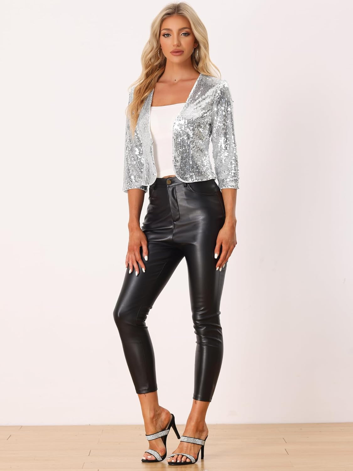 Women'S Sequin Shrug 3/4 Sleeve Open Front Party Glitter Sparkly Short Blazer Jackets-Gennys fashion