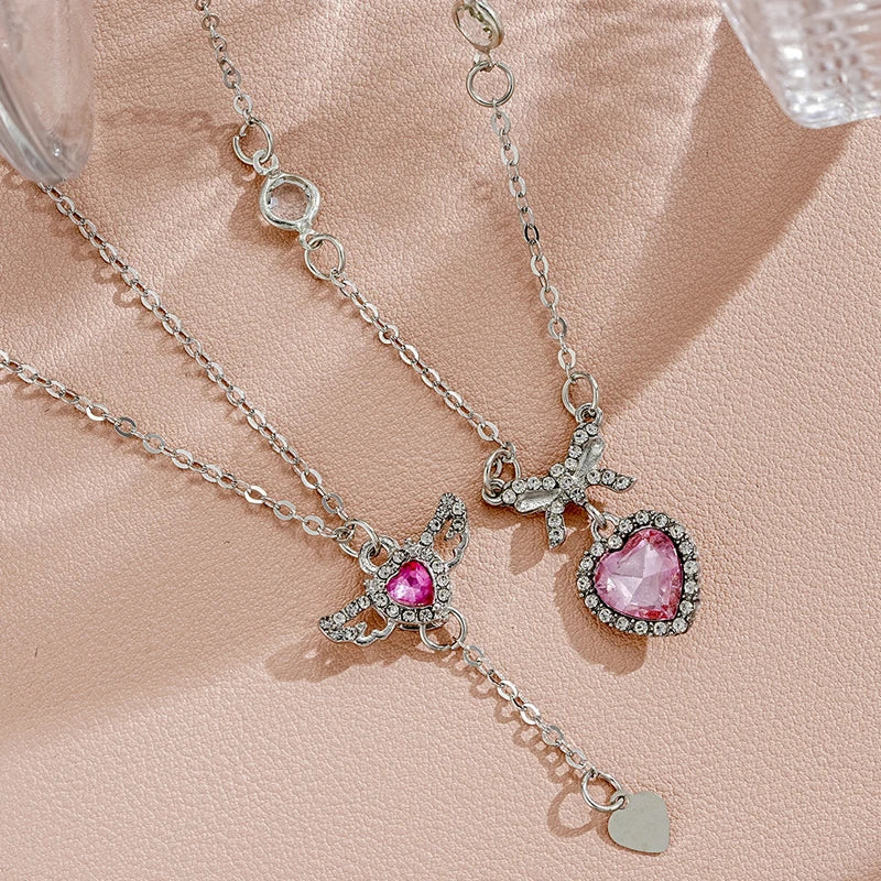 Crystal Angel Wings Heart Pendant Necklaces Set Ladies Girl Simple Y2K Pink White Zircon Love Elegant Necklace Women Jewelry Set-Gennys fashion