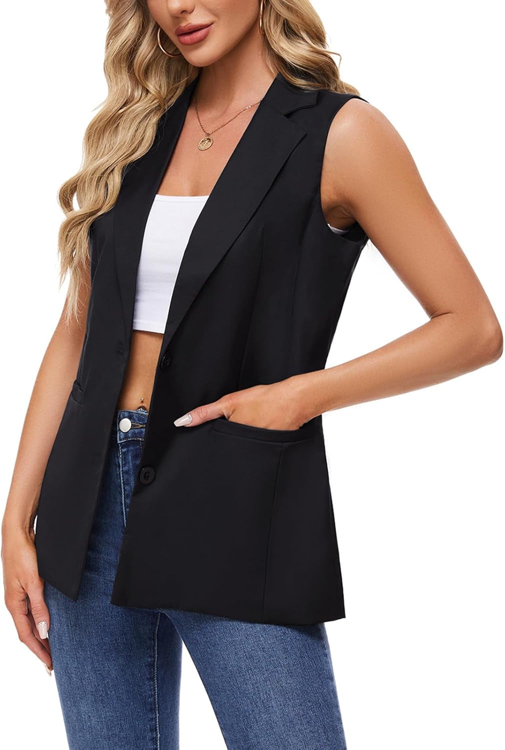 Sleeveless Blazer for Women Notch Lapel Waistcoat Vest Loose Jacket Casual Outerwear with Buttons Pockets-Gennys fashion