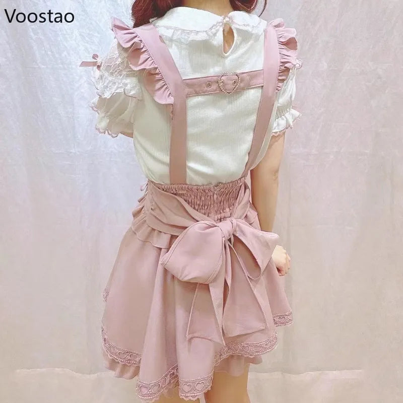 Japanese Gothic Lolita Ribbon Bow Diamond Pearl Buckle Removable Short Suspender Skirt Girls Sweet Cute Lace A-Line Mini Skirts-Gennys fashion