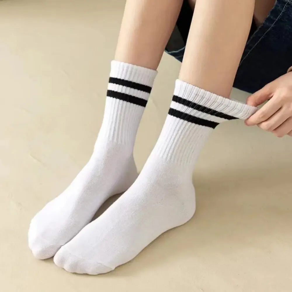 5 Pairs Women'S Mid Length Socks Solid Color Parallel Stripe Simple Fashionable Sports Sweat-Absorbing High-Quality Girls' Socks-Gennys fashion