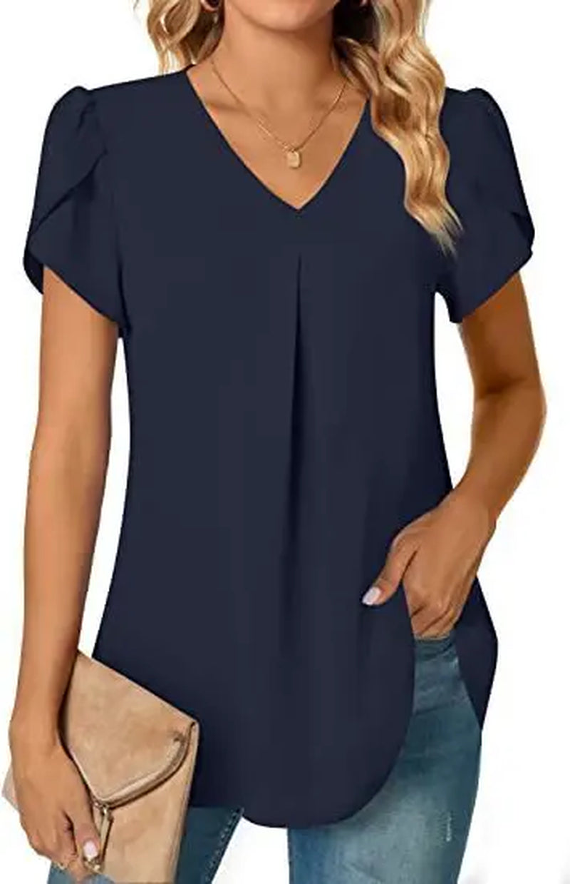 Sexy V Neck Ruffle Short Sleeve Blouse Shirts Summer Women V Neck Solid Color Loose OL Workout Blouse Tops SZE-ST23015-Gennys fashion