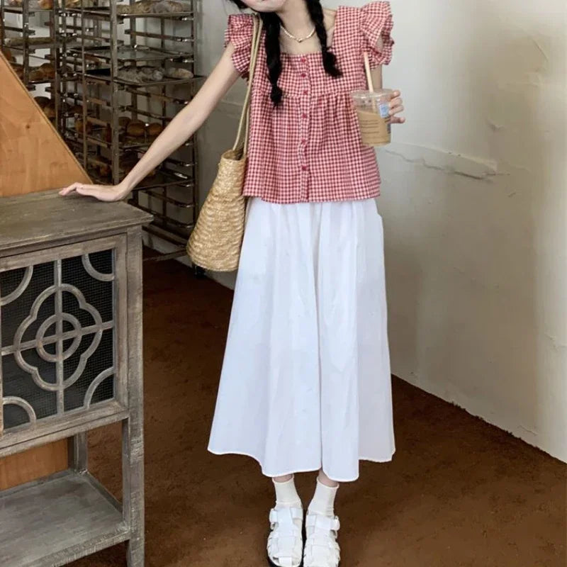 Plaid Shirts Women Cute Ruffles Flying Sleeve Korean Fashion Girlish Summer Tops Vintage Aesthetic Sexy Backless College Holiday-Gennys fashion
