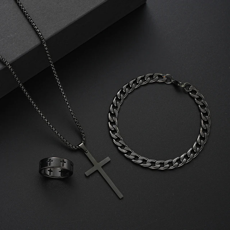 3 Pcs Stainless Steel Bracelet Necklace Ring for Men Women Retro Simple and Personalized Punk Hip Hop Jewelry Set Fashion Gifts-Gennys fashion
