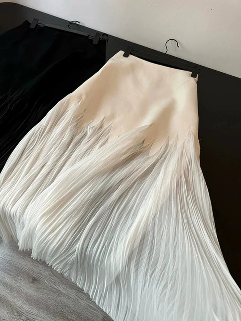 Women French Vintage Old Money Midi Patchwork Pleated Party Skirt Aesthetic Evening Coquette Luxury Elegant Design Wrap Skirt-Gennys fashion