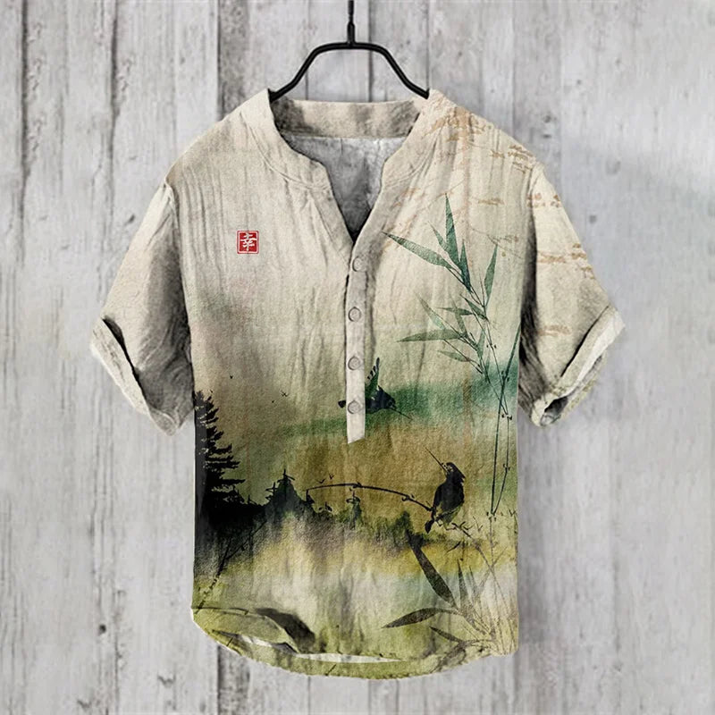Summer Fashion Men'S Small V-Neck Japanese Art Frog Print Lapel Shirt Men'S Casual Art Short Sleeve Shirt-Gennys fashion