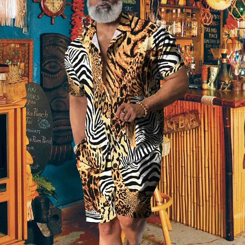 Animal Leopard Print Party Suit 3D Print Casual Shirt Beach Shorts Oversized 2Pcs Set Vacation Hawaiian Streetwear Man Suits-Gennys fashion