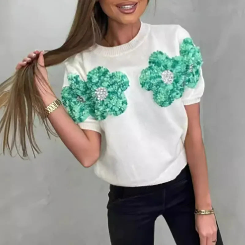 Spring Chic Appliques Flower Knitted Sweater Women Elegant round Neck Office T-Shirt Pullover Fall Sexy Short Sleeve Tops Jumper-Gennys fashion