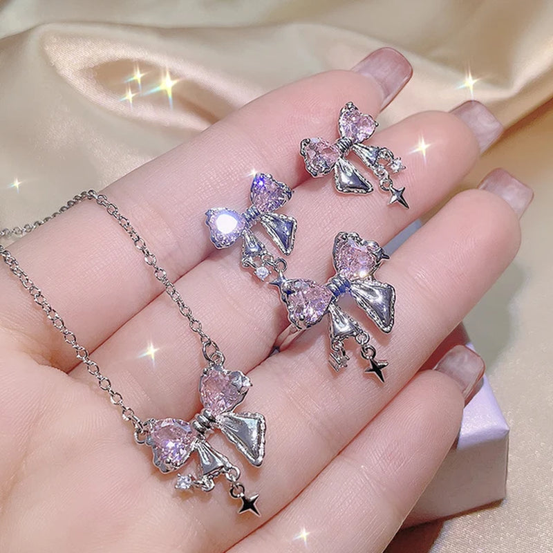 Crystal Angel Wings Heart Pendant Necklaces Set Ladies Girl Simple Y2K Pink White Zircon Love Elegant Necklace Women Jewelry Set-Gennys fashion