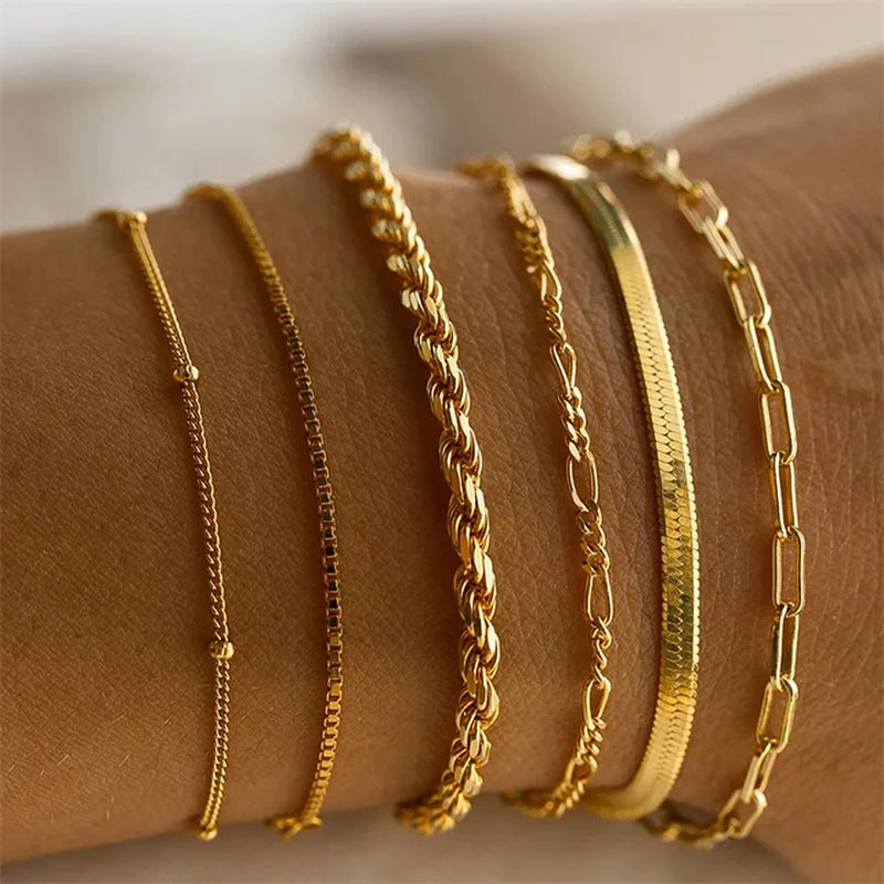 6Pcs Gold Color Bracelet Set Boho Retro Thick Twist Cuban Chain Bracelet for Women 2023 Trendy Quality Jewelry Gifts-Gennys fashion
