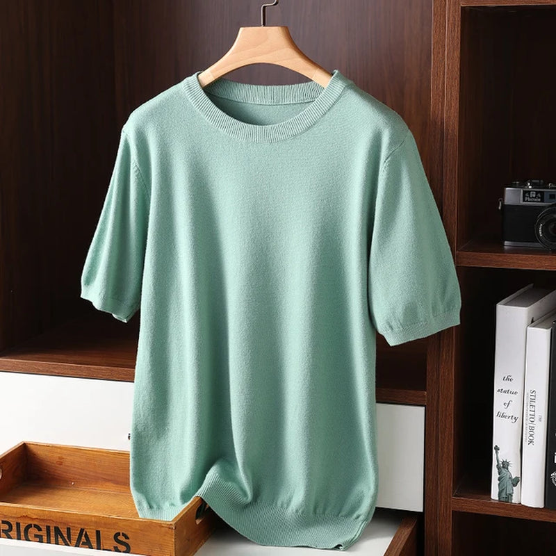 Men'S Cashmere Short Sleeves Sweaters 2022 Solid Color O-Neck Casual Knitted Pullovers Men Short Sleeves Jumper-Gennys fashion