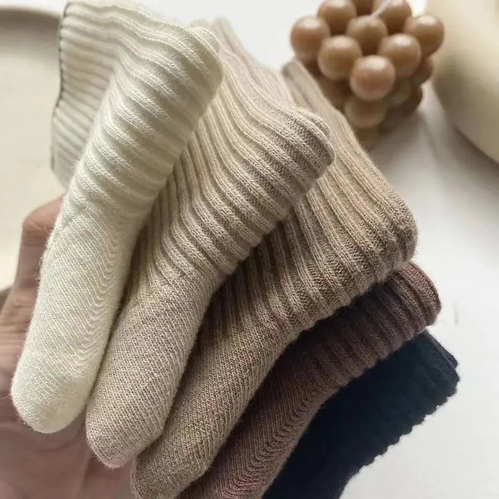 5 Pairs Solid Color Women'S Mid Length Socks Leisure High Quality Spring Autumn Simplicity Stripe Soft Breathable Women'S Socks-Gennys fashion