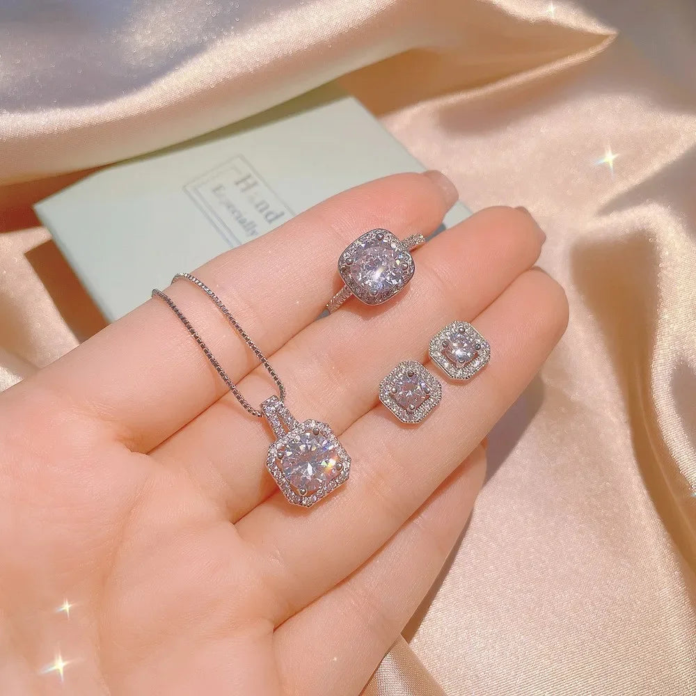 3Pcs/Set Artificial Moissanite Crystal Square Necklace Earrings Ring Luxury Wedding Engagement Reception Jewelry Set for Lover-Gennys fashion