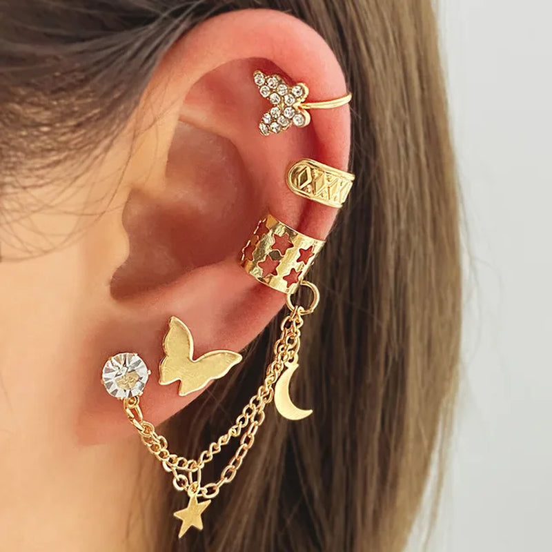 Gold Silver Color Leaves Clip Earrings for Women Creative Simple C Butterfly Ear Cuff Non-Piercing Ear Clip Set Trendy Jewelry-Gennys fashion