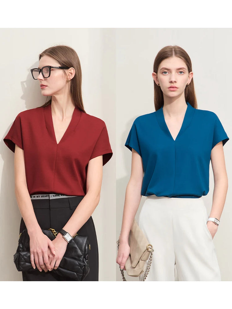 Minimalism 2023 Summer Women'S T-Shirt Classic Style Casual V-Neck Short Sleeve Solid Stretch Female Tops & Tees 12312013-Gennys fashion