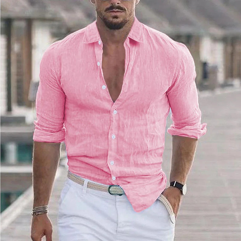 Men'S Summer Cotton and Linen Loose Lapel Beach Shirt Casual Lazy Long Sleeve Solid Color Hawaiian Campfire Holiday Wear-Gennys fashion