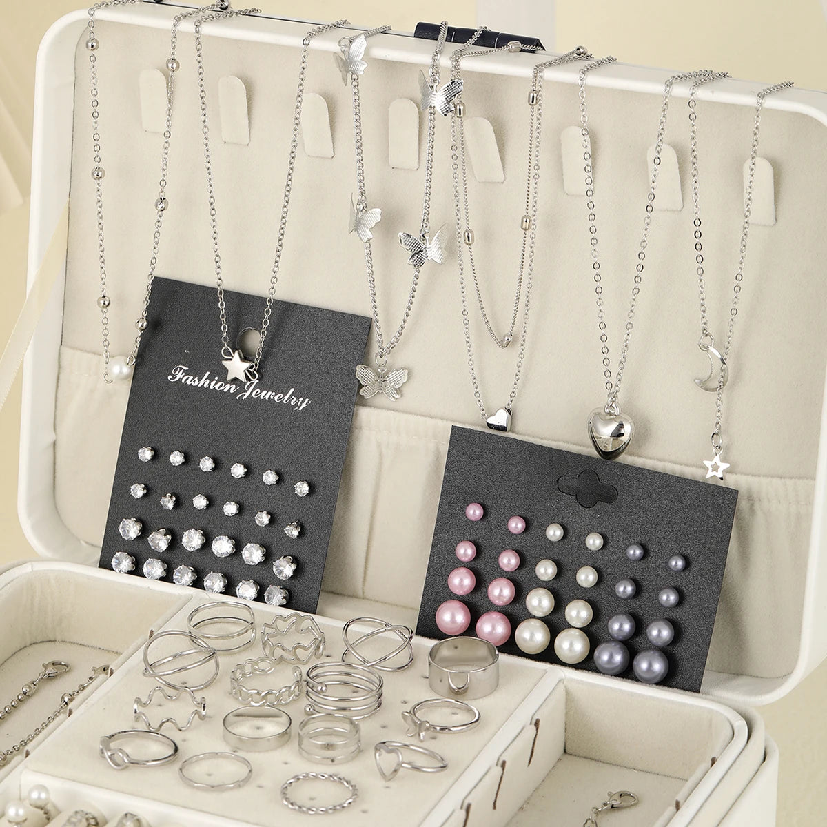 81 Pcs Vintage Elegant Imitation Pearl Zircon Butterfly Pendant Earrings Ring Necklace Bracelet for Women Daily Wear Jewelry Set-Gennys fashion