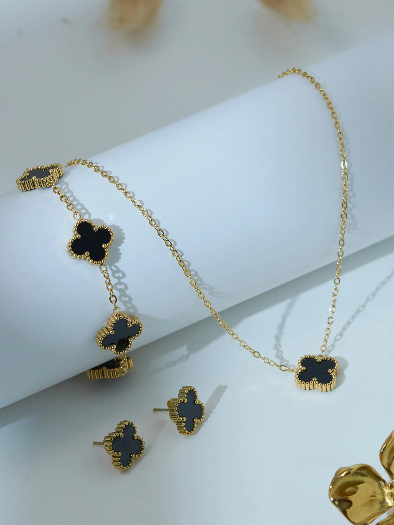Double-Sided Mother-Of-Pearl Black Four-Leaf Clover Set Women'S 18K Gold Plated High Class Elegant Fashion Jewellery Set-Gennys fashion