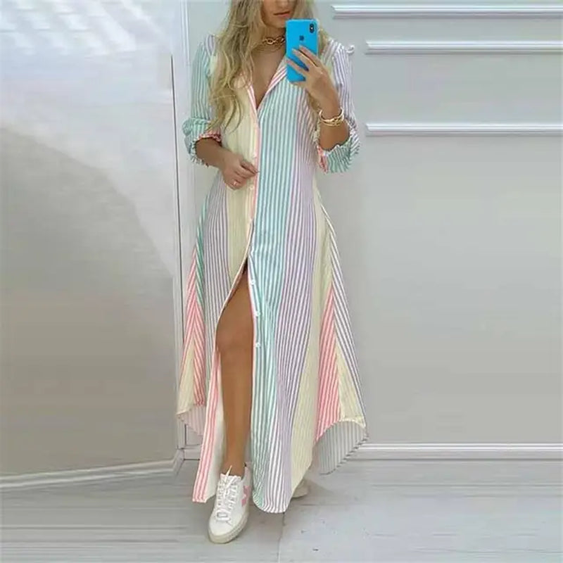2024 Summer Women Boho Printed Long Shirts Elegant Dress Turn-Down Collar Long Sleeve Female Casual Evening Maxi Dresses Party D-Gennys fashion