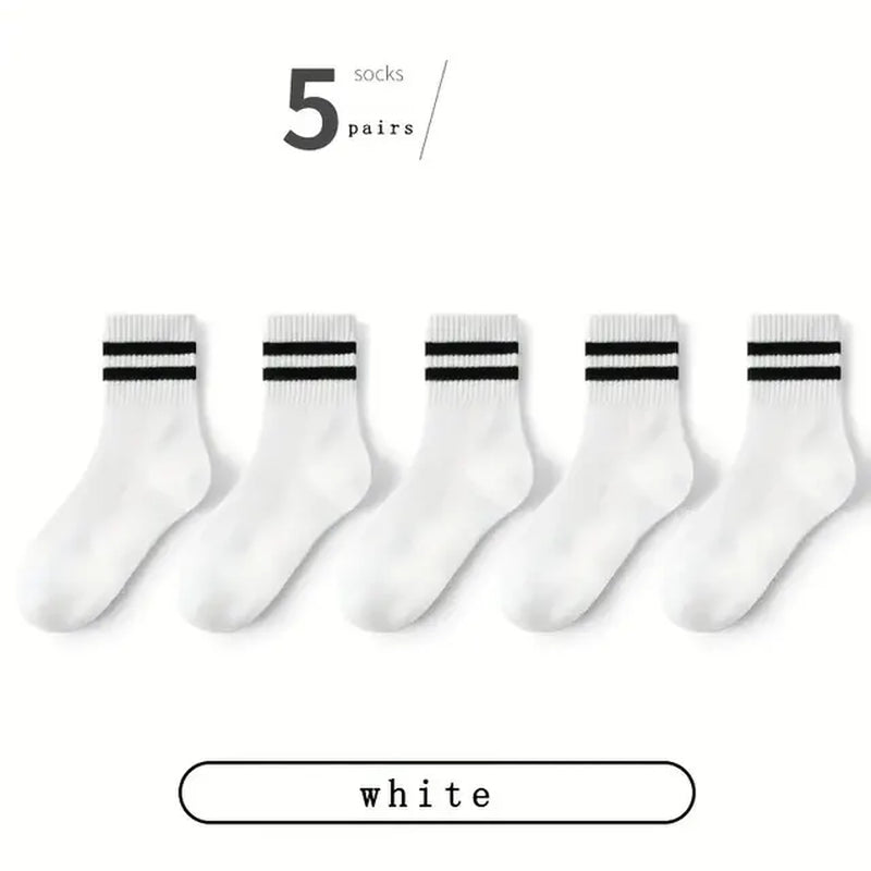 5 Pairs Women'S Mid Length Socks Solid Color Parallel Stripe Simple Fashionable Sports Sweat-Absorbing High-Quality Girls' Socks-Gennys fashion