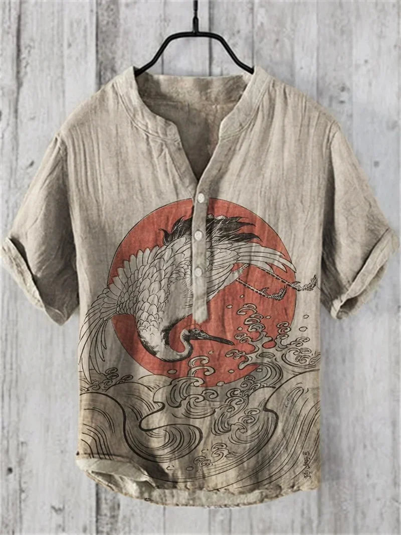 Men'S Retro Hawaiian Art Print Wave Series 3D Digital Printing Casual Loose Short Sleeve Three-Breasted Shirt Linen 100%-Gennys fashion