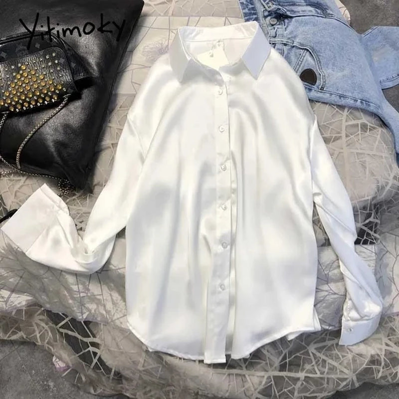 SATIN Long Sleeve Blouse Button up Shirt Women Female Elegant Ladies Tops High Quality Office Lady Silk-Gennys fashion